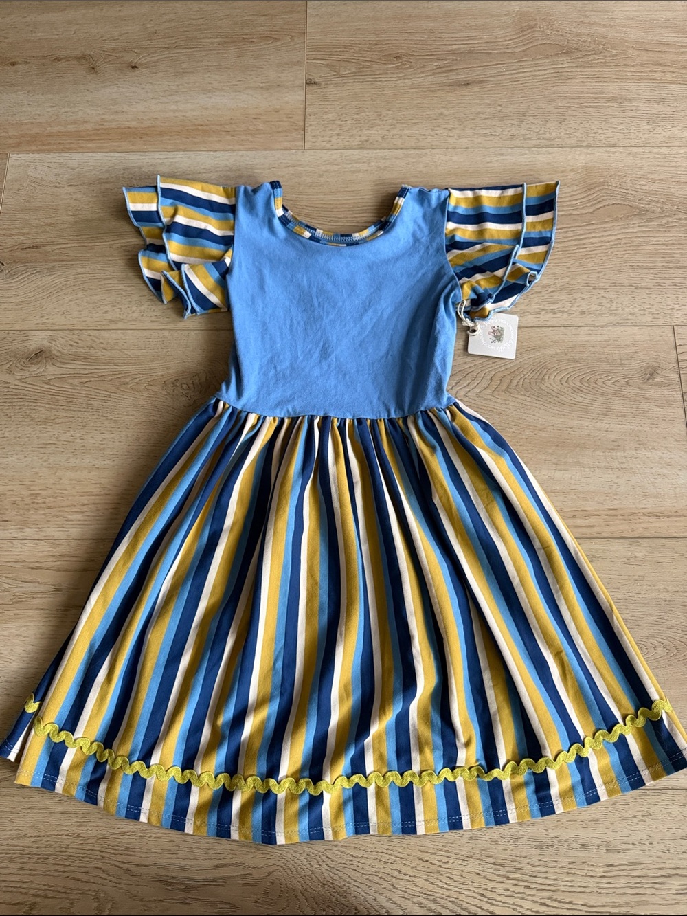 Woodmouse and Thistle Blue & Yellow Striped Girls' Ruffle Sleeve Dress size 5/6